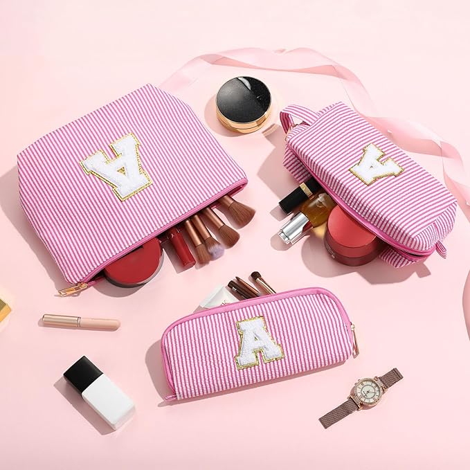 YOOLIFE Personalized Initial Makeup Bag for Women | Pink Cosmetic Travel Toiletry Bag | 11 12 13 14 15 16 Years Old Girl Gifts | Preppy Stuff Teen Girl Gift Trendy Stuff E