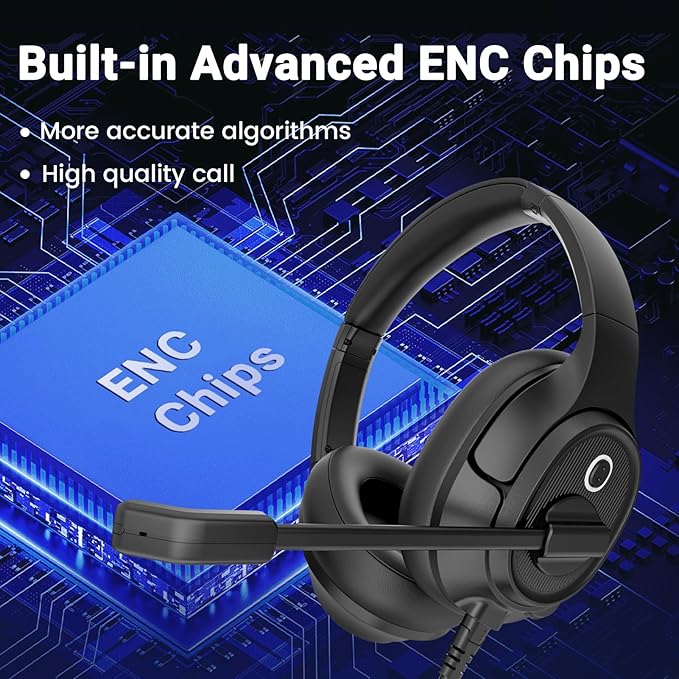 Headset with Microphone for PC, USB Computer Headsets AI-Powered Environmental Noise Cancelling Headphone with Busylight, Mic Mute Boom & Volume Control, Wired Over-Ear Headset for Laptop/Work/Office