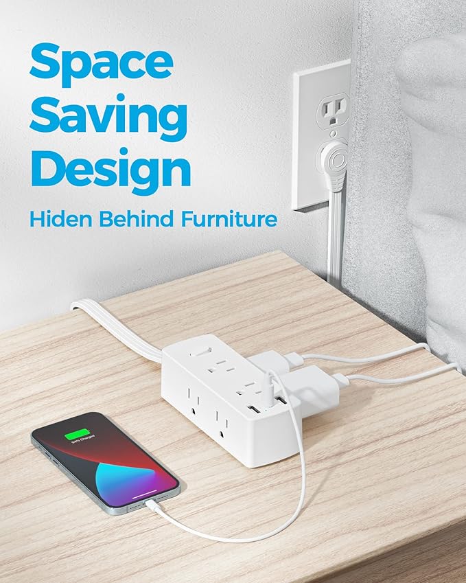 Flat Extension Cord 15ft, Olcorife Flat Plug Power Strip with 6 Outlets 3 USB Ports(1 USB C), 3-Side Outlet Extender Surge Protector for Home Office Dorm Room Essentials, White
