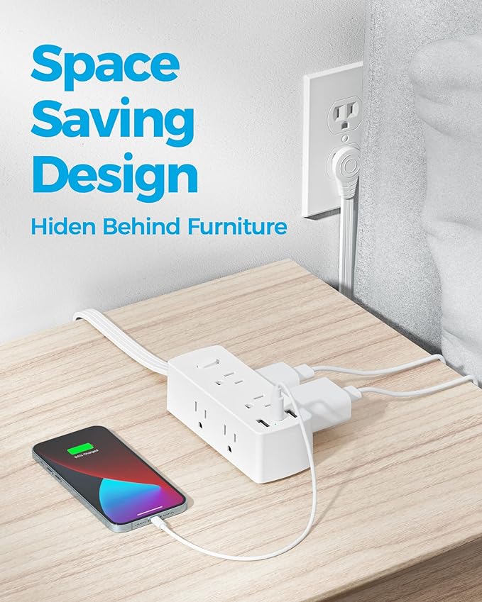 Flat Extension Cord 20ft, Olcorife Flat Plug Power Strip with 6 Outlets 3 USB Ports(1 USB C), 3-Side Outlet Extender Surge Protector for Home Office Dorm Room Essentials, White