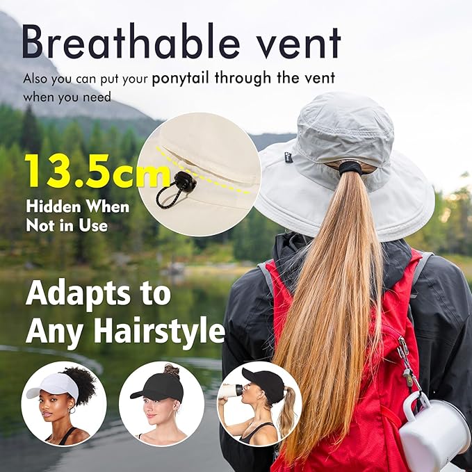 UV 50 Sun Hat for Women Wide Brim with Ponytail Hole Summer Packable Sunhat for Beach Fishing Hiking Gardening Waterproof
