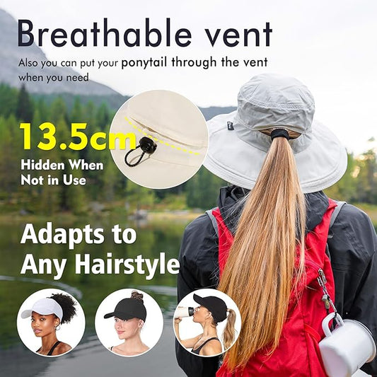 UV 50 Sun Hat for Women Wide Brim with Ponytail Hole Summer Packable Sunhat for Beach Fishing Hiking Gardening Waterproof