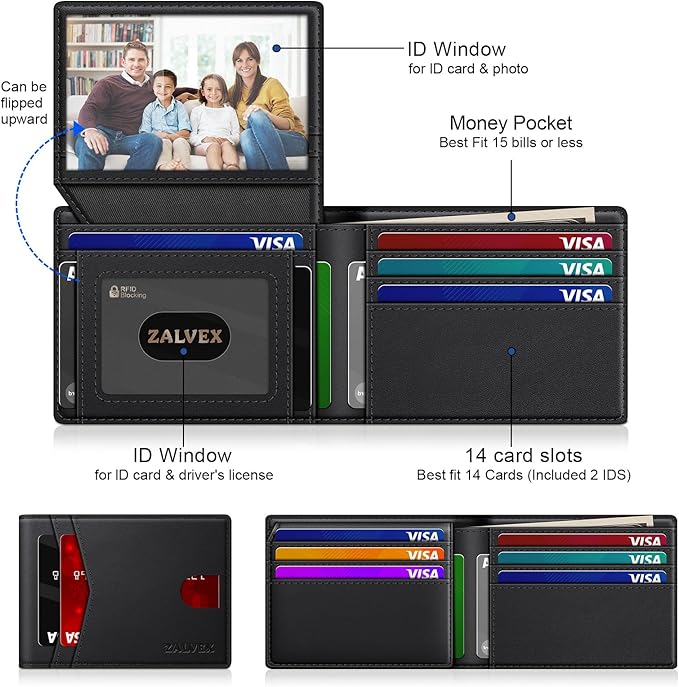 Wallet for Men Slim RFID Blocking Leather Credit Card Holder Wallet for 14 Cards, Bifold Minimalist Thin Wallet with 2 ID Windows & Cash Slot, Front Pockt Carteras Para Hombres, Birthday Gifts for Men