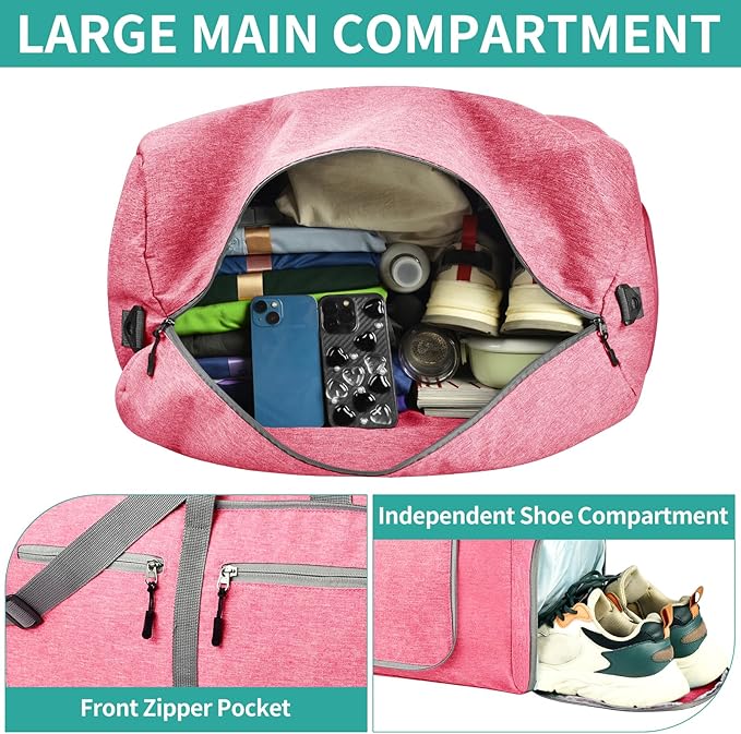 Dimayar 65L Travel Duffle Bag for Men Women - Foldable Duffel Bag with Shoes Compartment - Overnight Bags Waterproof & Tear Resistant(Pink)