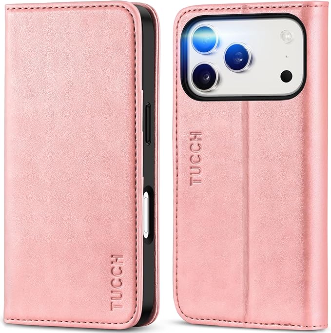 TUCCH Case Wallet for iPhone 17 Pro (6.3") 2025, RFID Blocking 3 Card Holders | Kickstand | PU Leather | Protective Flip Folio Cover | TPU Shockproof Interior Shell | Pink