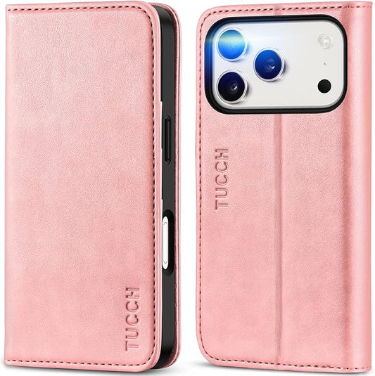 TUCCH Case Wallet for iPhone 17 Pro (6.3") 2025, RFID Blocking 3 Card Holders | Kickstand | PU Leather | Protective Flip Folio Cover | TPU Shockproof Interior Shell | Pink
