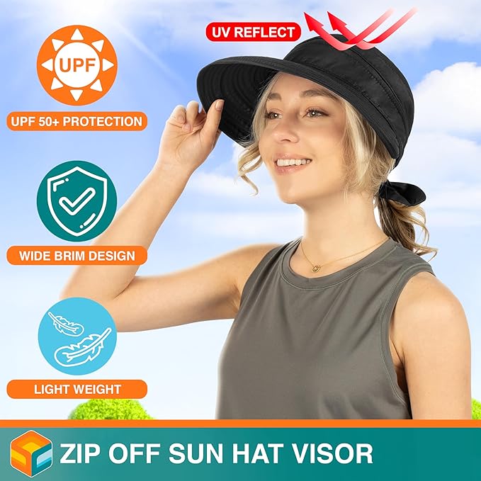 SUN CUBE Women Sun Hat for Outdoor UV Protection, Wide Brim Sun Hat Ponytail, Convertible Zip-Off Beach Hat Visor