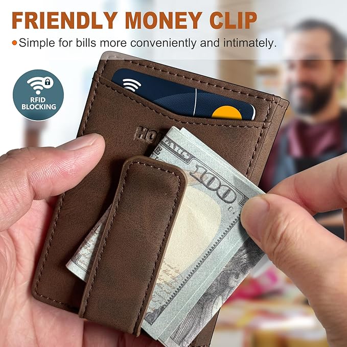 Housmai Magnetic Closure Slim Wallet with Money Clip Gift Boxed,Genuine Leather Front Pocket Wallet for Men, 3.9"x 2.11", RFID Blocking