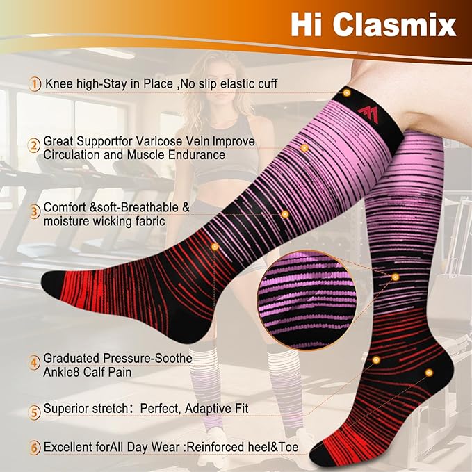 Graduated Compression Socks for Women&Men 20-30mmhg Knee High Socks Travel Hiking Running Stocking