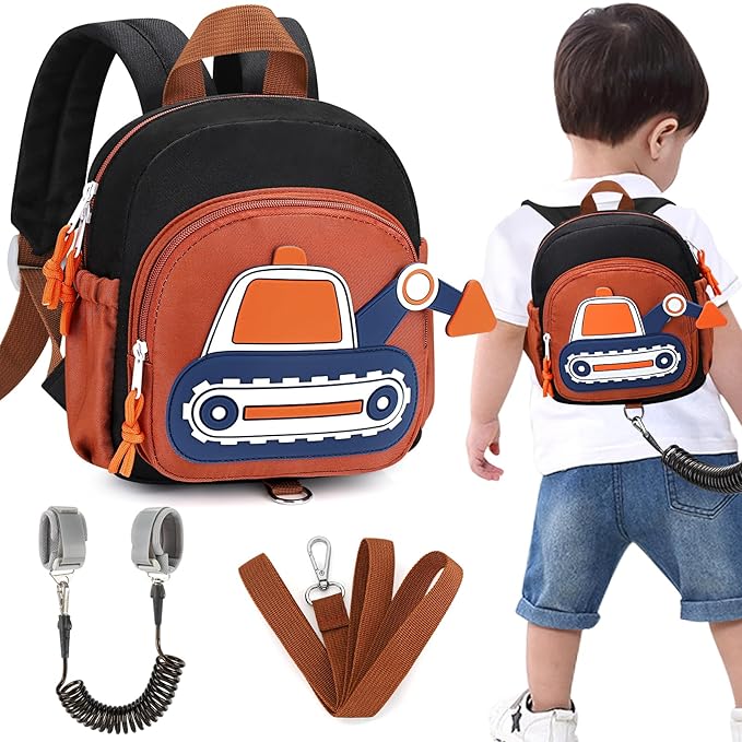 Accmor Toddler Leash Backpack, Children Safety Walking Harness Cute Excavator Bag with Anti Lost Wrist Link, Kids Travel Essential Mini Rucksack Back Pack with Strap Tether for Baby Boys