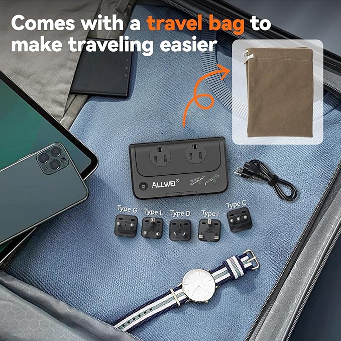 ALLWEI Travel Voltage Converter 220V to 110V Power International Travel Adapter for Hair Straightener/Curling Iron, Universal Power Plug Adapter UK, US, AU, EU, IT, India (Black)