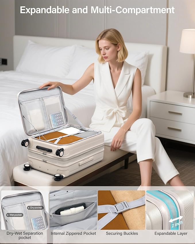 Hanke 26 Inch Expandable Luggage Top Opening Checked Bag Luggage Hard Shell Suitcases with Wheels Lightweight Travel Luggage Heavy Duty Luggage Suitcase with Lock for Woman Men-Ivory White