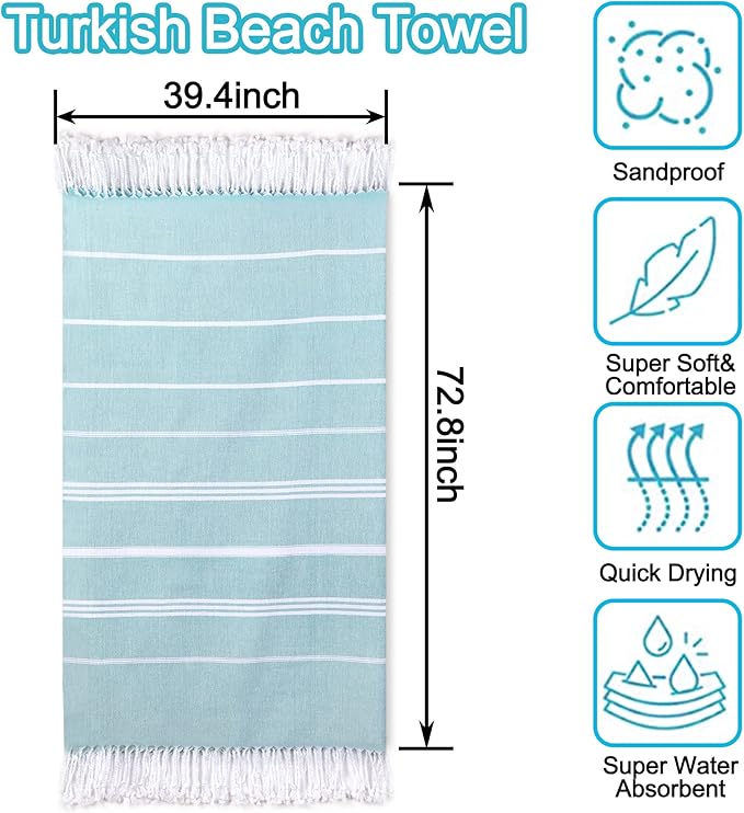 Beach Towel 2 Pack, Sand Free Oversized 39 x 72, Turkish Quick Dry Towel, Lightweight Pool Travel Towel, Cool Beach Essentials Super Absorbent