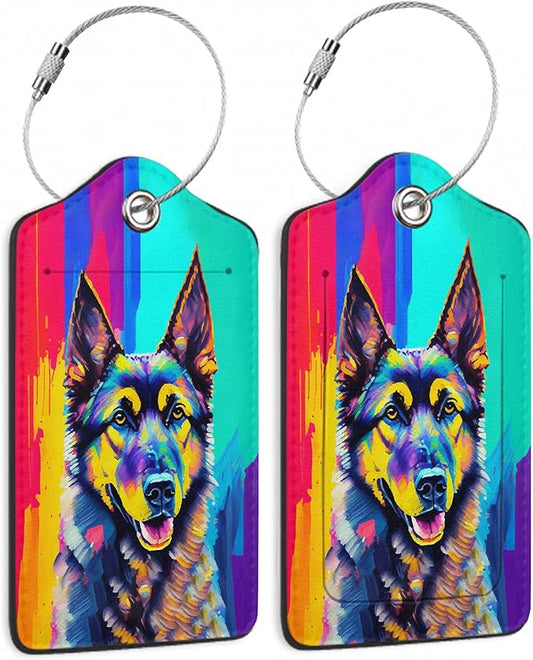 2 Pack Luggage Tag for Suitcase,Art German Shepherd Dog Leather Bag Tags Identifiers Privacy Cover ID Label with Durable Steel Loop for Women Men Kids Girls Travel