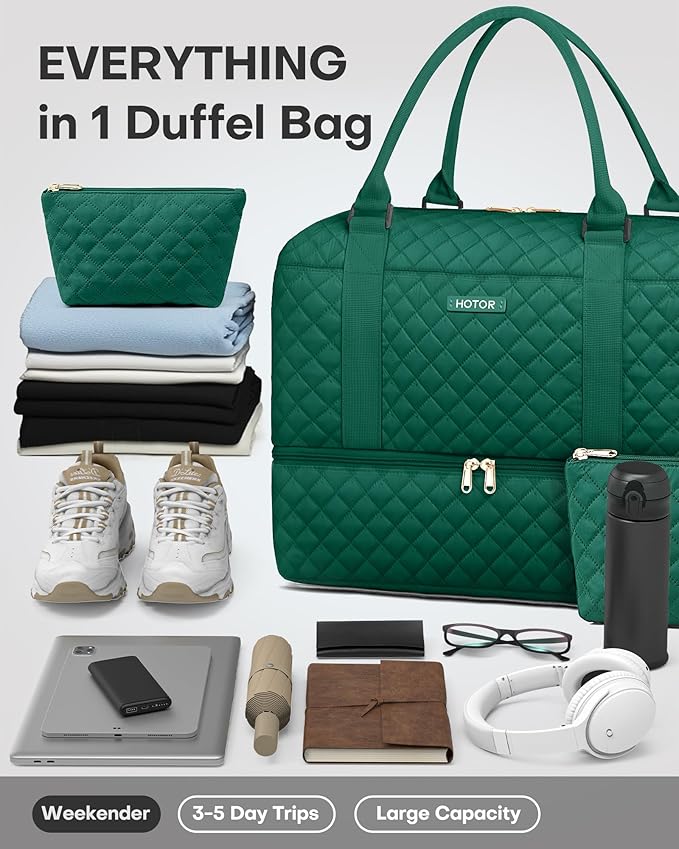 HOTOR Travel Duffel Bag - Weekender Bags for Women, Carry On Overnight Bag with Shoe Compartment, with Toiletry Bag for Travel Essentials and Travel Accessories, Dark Green, 13.4"×17.3"×7.9"