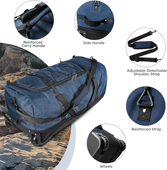 110L Expandable to 140L 32” Foldable Oxford Soft-Sided Rolling Duffle Bag with 2 Heavy-Duty Wheels,3 Large Compartments,Adjustable Shoulder Strap and Attached Organizer Pouch,Navy Blue