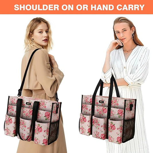 IBFUN Utility Tote Bag with 14/24 Pockets Zip Top Teacher Tote Bag for Teacher/Work Women