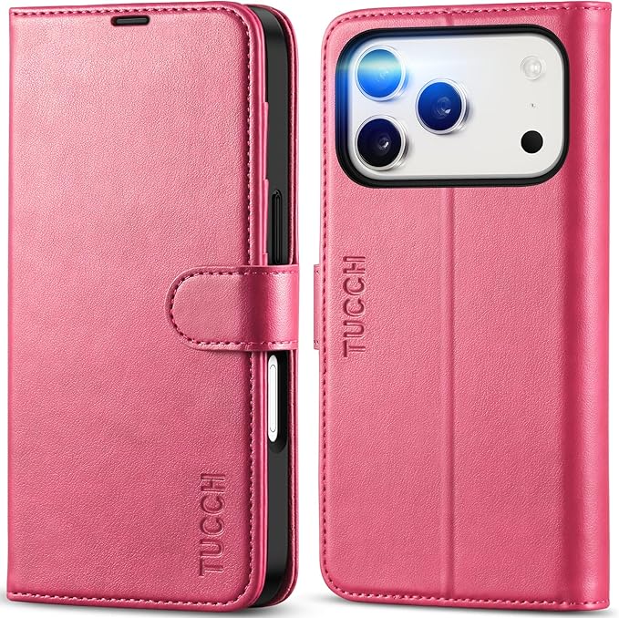 TUCCH Wallet Case for iPhone 17 Pro (6.3") 2025, 4 Card Slots | RFID Blocking | Stand | Shockproof TPU Shell | PU Leather | Magnetic Closure | Protective Flip Folio Cover | Hot Pink