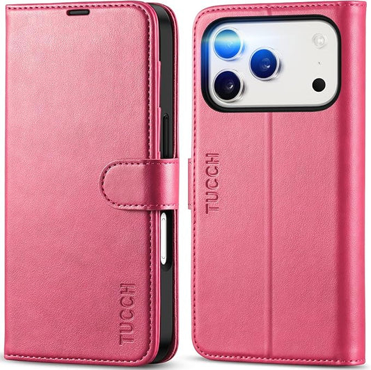 TUCCH Wallet Case for iPhone 17 Pro (6.3") 2025, 4 Card Slots | RFID Blocking | Stand | Shockproof TPU Shell | PU Leather | Magnetic Closure | Protective Flip Folio Cover | Hot Pink