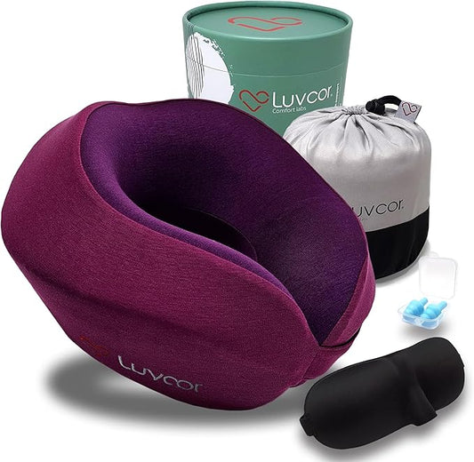 Premium Quality Memory Foam Travel Neck Pillow Bundle - Best Ergonomic Pillow for Airplane Travel, car Ride, Sleeping. Comes with Eye mask, earplugs and Storage Bag. (Royal Pink)