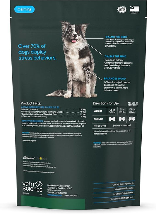 VetriScience Long Lasting Calm & Confident Calming Chews for Dogs, Supplement for Stress Support, Thunderstorms, Fireworks, & Travel, Chicken, Soft Chews, 90 Count - New Look