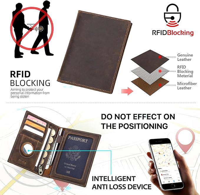 Top Grain Leather Single Travel Passport Wallet Embossing Badge for Unisex, Folio Design for Passport & Multi Cards, RFID Blocking for Passport/Cards/Checks/Bills/AirTag, Coffee Default, CN