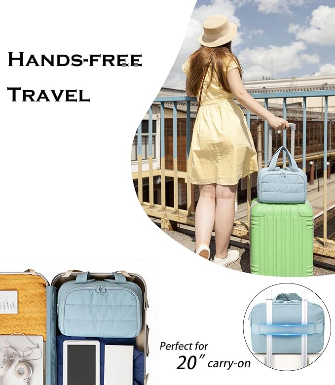 Travel Toiletry Bag for Women, Large Wide-open Puffy Cosmetic Makeup Bag with Wet-Dry Separation, Multi-Pocket Organizer with Carry Handle for Toiletries, Cosmetics, Essentials, Light Blue