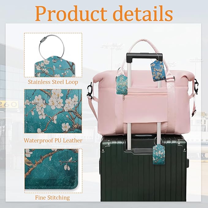 Blossoms Luggage Tags for Suitcase 3 Pack, Leather Bag Tags Identifiers with Privacy Name Address Labels and Durable Steel Loop for Men Women Backpack