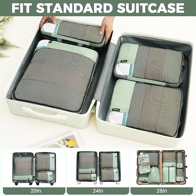 BAGAIL 4 Set/6 Set/8 Set Compression Packing Cubes Travel Accessories Expandable Packing Organizers(HalfMesh, 8-MatchaGreen)