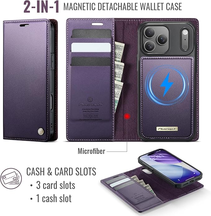PlusnapX Wallet Case for iPhone 17 Pro Compatible with Magsafe, 2-in-1 PU Leather Flip RFID Blocking Card Holder Stand Shockproof Magnetic Detachable Cover for iPhone 17 Pro Case 6.3", Fashion Purple