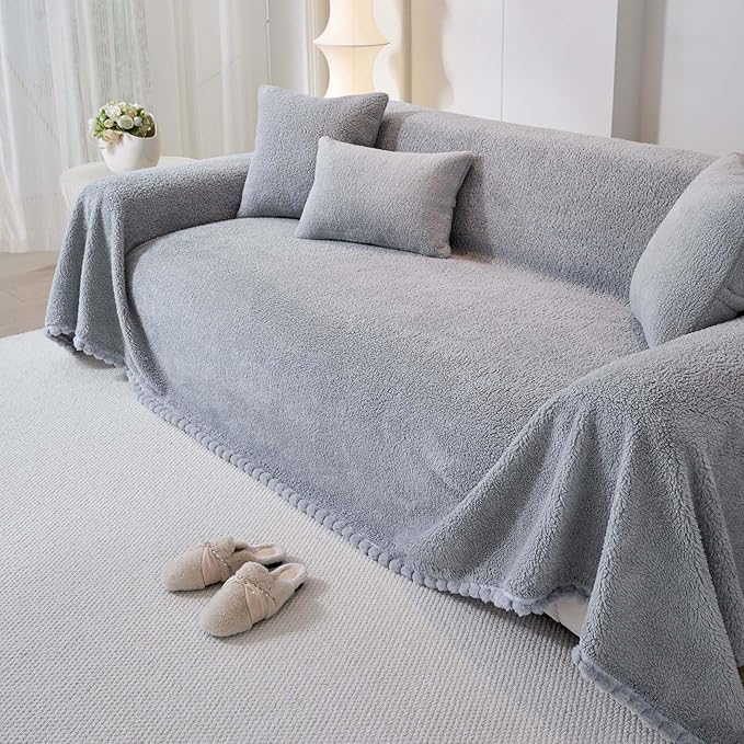 Sherpa Fleece Couch Cover for 3 Cushion Sofa, Grey, 71" x 134" - Pet Proof Sofa Covers Heavy Duty Scratch Resistant Pet Friendly Furniture Cover - Easy Install, Machine Washable