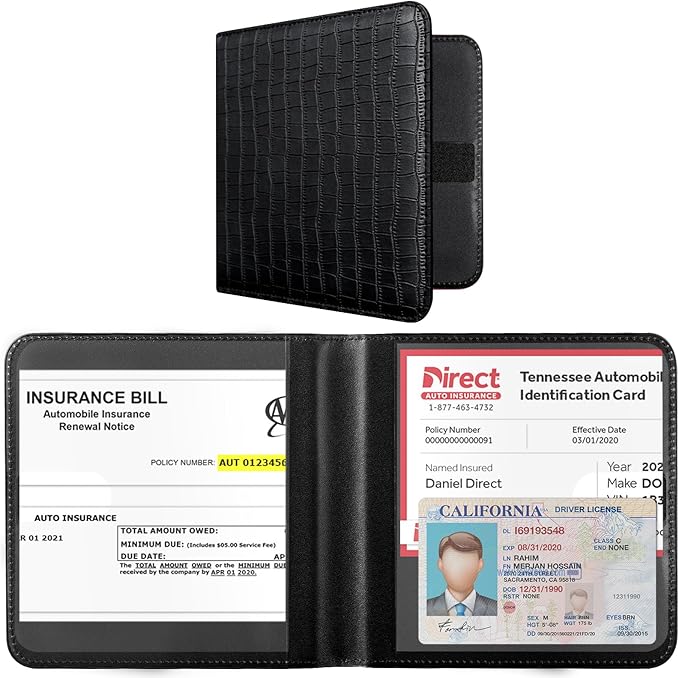 CoBak Car Registration and Insurance Holder - Small and Lightweight Vehicle Glove Box Car Organizer, Auto Truck Comparment Accessories Case for Essential Document, Driver License (Croco Black)