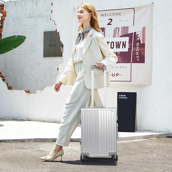 All Aluminum 24 Inch Check In Luggage Hard Shell Suitcases with Spinner Wheels and TSA Lock, Checked Medium Suitcase (Sliver)