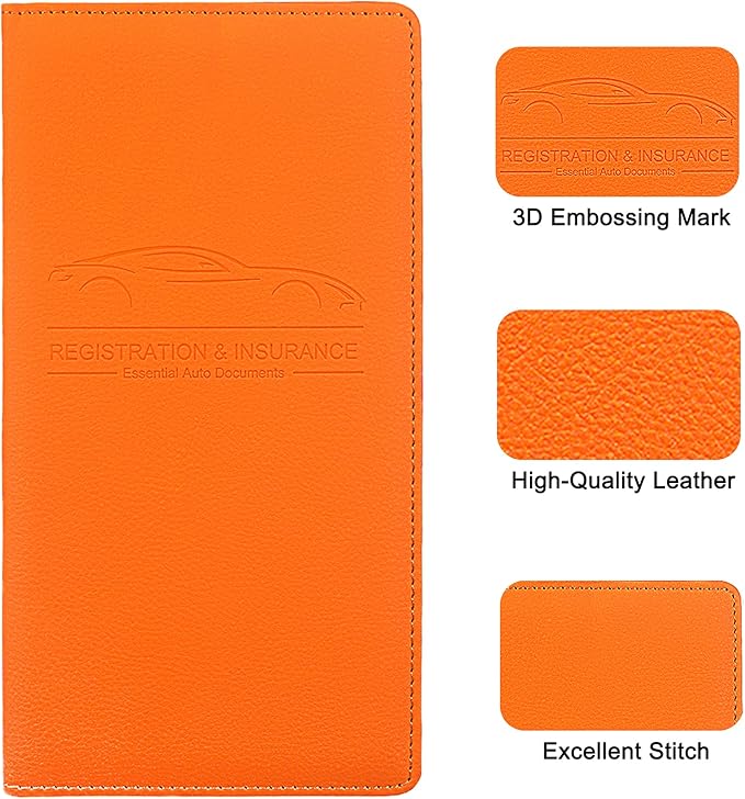Premium Car Registration & Insurance Card Holder with Magnetic Shut, Vehicle Glove Box Car Organizer - For Documents, Cards, License (Orange)