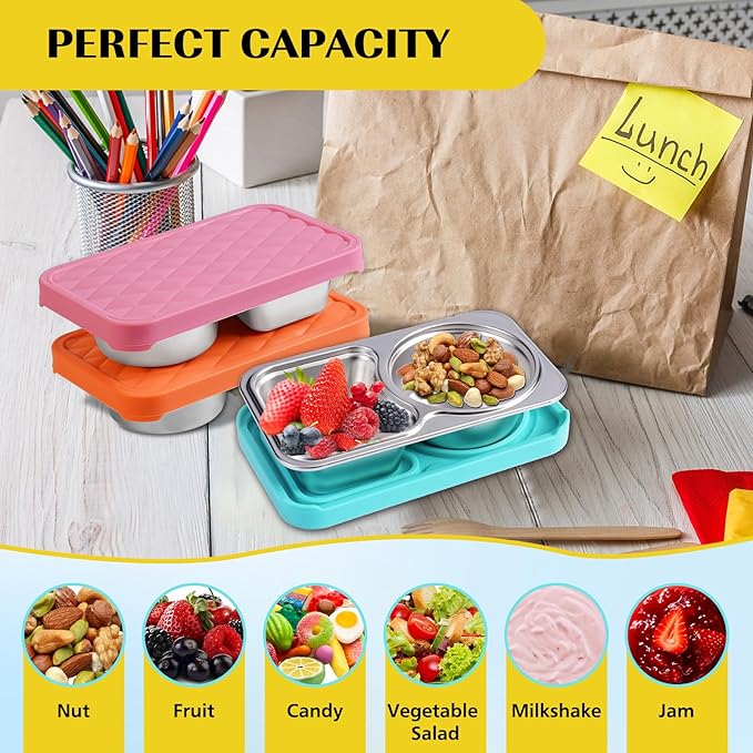 LVQVEV 2 Pack Stainless Steel Snack Containers, 2 Compartment Snack Container with Silicone Lids, Easy Open Leak Proof Reusable Metal Toddler Snack Containers for Daycare (Orange, pink)
