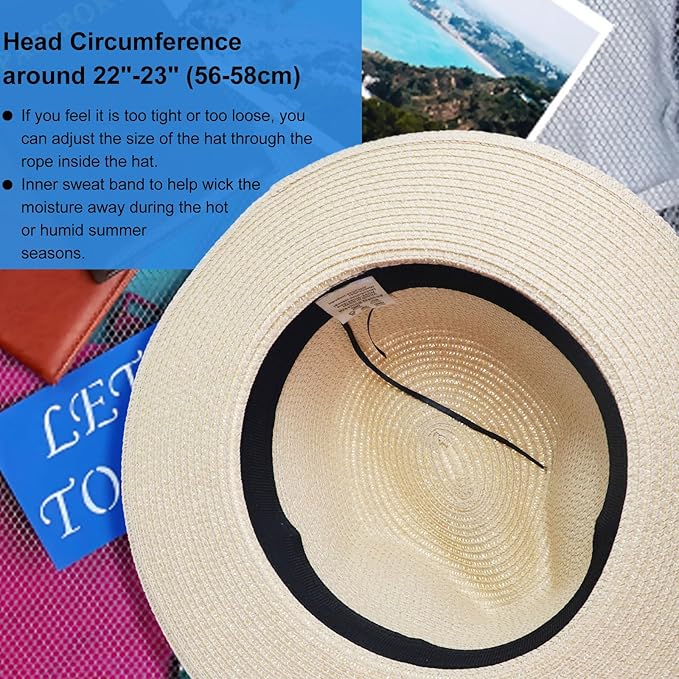 DRESHOW Women Straw Panama Hat Travel Fedora Beach Sun Hat Summer Wide Brim Straw Roll up Hat UPF 50+