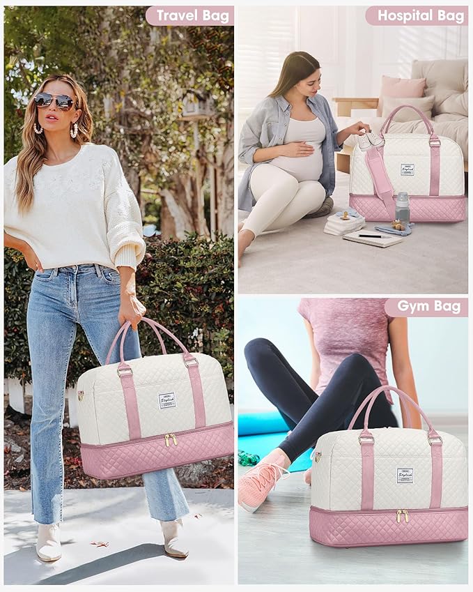 Travel Duffle Weekender Bags for Women: Overnight Bag with Shoe Compartment Carry On Bags with Toiletry & Wet Pocket Large Tote Hospital for Women Labor Delivery Beige Pink