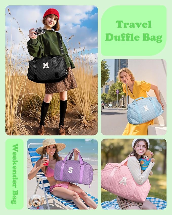 Elilier Initial Duffle Bag for Travel Women Girls Gift: Personalized Weekender bags, Dance Cheer bag Sports for Girl, Kid Gymnastics Bags, Birthday Gifts for Women Girls Kids Teens Mom Teacher
