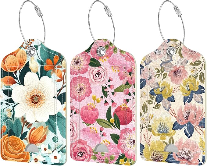 Rimilak 3 Pcs PU Leather Luggage Tags for Suitcase, Travel Cruise Luggage Tag with Privacy Flap, Name ID Label and Metal Loop for Women Men Baggage Handbag School Bag Backpack, Colorful Flower