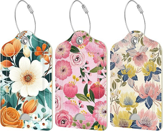 Rimilak 3 Pcs PU Leather Luggage Tags for Suitcase, Travel Cruise Luggage Tag with Privacy Flap, Name ID Label and Metal Loop for Women Men Baggage Handbag School Bag Backpack, Colorful Flower