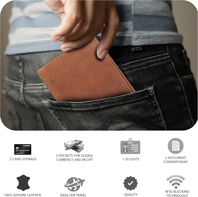 Oak Leathers Slim Leather Wallet for Men - RFID Blocking Slim Minimalist Front Pocket - Thin & Stylish with ID Window, Gift For Men (Cognac)