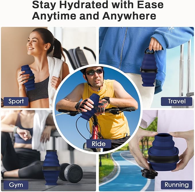 Collapsible Water Bottles,600ml BPA Free Reusable Lightweight LeakProof Silicone Foldable Water Bottle for Travel Hiking Camping Sports,Collapses to 1.5” & anti-Collapse Ring,Dark Blue