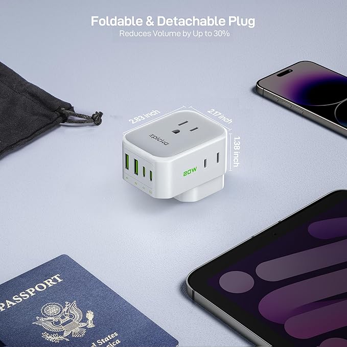 EPICKA Hybrid International Power Adapter for US to England, Foldable & Detachable Type G (UK) VisaPlug, 8-in-1 Travel Plug Adapter with 4 USB Ports (2 USB-C PD 20W), Travel Dormestic Essentials