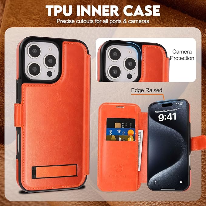 CIVICASE for iPhone 16 Pro Max Wallet Case with Stand,PU Leather Flip Credit Card Holder Slots (RFID Blocking),Compatible with Magsafe Magnetic Holder Phone Cover Women Men,Orange
