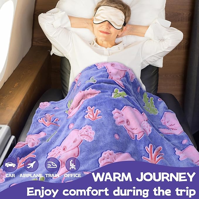 Axolotl Blanket for Airplane Travel - Glow in The Dark Kids Travel Blanket Pillow Set for Plane, Car - Axolotl Gifts Toys for Girls, Small Soft Purple Fleece Throw for Teens Girls 40" x 60"
