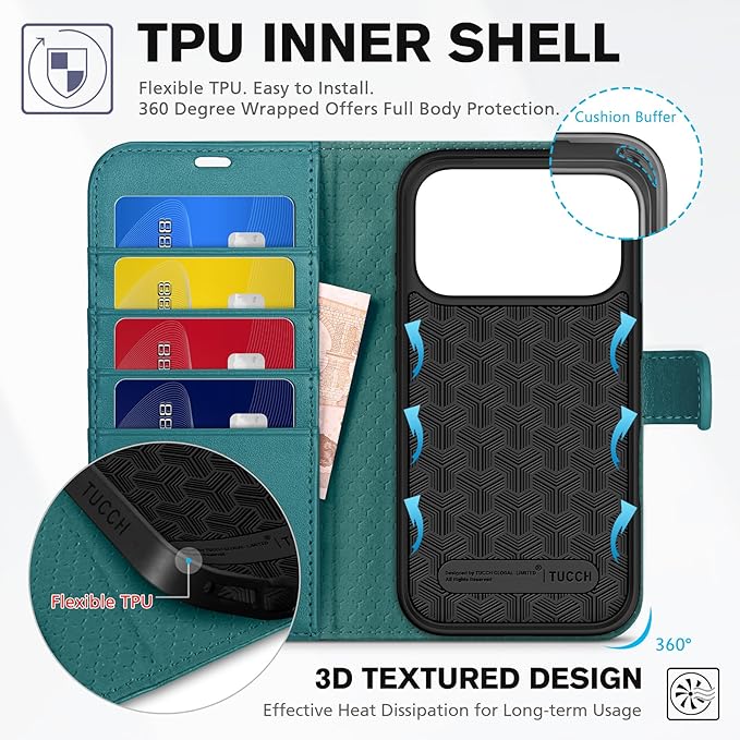 TUCCH Wallet Case for iPhone 17 Pro (6.3") 2025, 4 Card Holders | RFID Blocking | Stand | Shockproof TPU Shell | PU Leather | Magnetic Closure | Protective Flip Folio Cover | Bluish Green