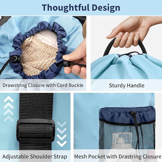Laundry Bag Backpack with 3 Sizes Mesh Wash Bags and Shoulder Straps Foldable Clothes Hamper Bag with Drawstring Closure for College, Apartment, Laundromat (Light Blue)