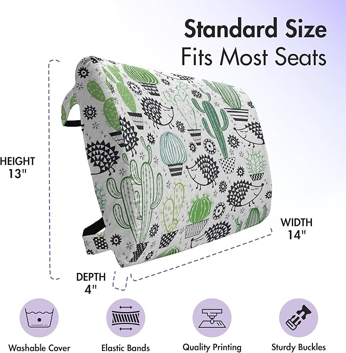 Ambesonne Cactus Lumbar Back Support Pillow, Cartoon Style Inspired Drawing of Hedgehog Animals Saguaro and Prickly Pear, High Density Foam for Office Chairs Car Seats, 14" x 13", White Green