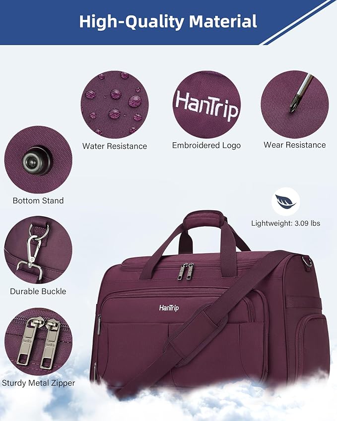 HanTrip Carry on Duffel Bag Foldable Duffle Bags for Travel, Large Personal Item Bags for Airplanes, Weekender Overnight Mens Travel Tote Bag for Women Softside Carry on Luggage (Purple)