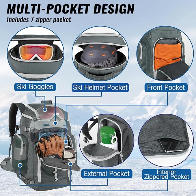 Ski Boot Bag, 65L Durable Travel Backpack, 1680D Nylon Waterproof Snowboard Boot Bag, Skiing and Snowboarding Travel Luggage for Helmet, Goggles, Gloves, Outerwear & Accessories